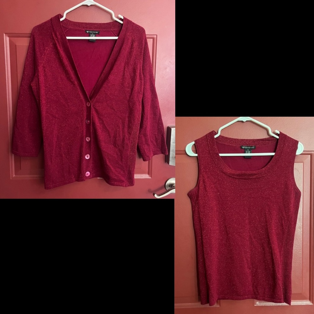 89th & Madison Women's Red Sparkly Button-down Cardigan and Sleeveless Top